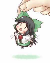  aonagi_ibane bad_id bad_pixiv_id black_hair black_wings blush bow cape chibi commentary_request concrete female green_bow green_skirt hairbow lifting_person mini_person minigirl open_mouth reiuji_utsuho shirt skirt solo third_eye touhou wings |_| 