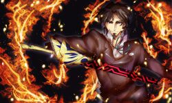  1boy batakopart2 blue_eyes brown_hair commentary_request ea_(fate/stay_night) facial_hair fate/zero fate_(series) fire formal goatee male_focus solo suit sword tohsaka_tokiomi weapon 