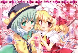  2girls aqua_eyes ascot bad_id bad_pixiv_id bat_wings blonde_hair eyeball flandre_scarlet green_hair hat heart heart_hands heart_hands_duo heart_of_string komeiji_koishi multiple_girls open_mouth photoshop_(medium) red_eyes rikatan short_hair side_ponytail skirt smile third_eye touhou wings 