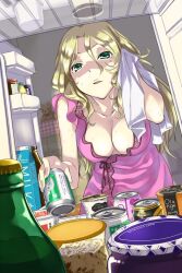  bad_link blonde_hair bottle breasts can cleavage denchuubou female food green_eyes indoors jpeg_artifacts kanzaki_mikoto large_breasts moegacha mole mole_under_eye pov pudding refrigerator refrigerator_interior towel 