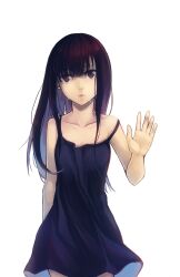  8c bad_id bad_pixiv_id bare_shoulders black_eyes black_hair collarbone dress female highres lips long_hair looking_at_viewer original photoshop_(medium) simple_background solo strap_slip tears waving white_background 