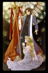  1boy art_nouveau blonde_hair brown_eyes brown_hair cassock commentary_request crosier cross cross_necklace fate/stay_night fate_(series) female full_body head_wreath highres holding holding_staff jewelry kotomine_kirei long_hair necklace notre_dame_de_paris photoshop_(medium) praying short_hair skull staff stained_glass stole tarot tarot_(medium) vetania wreath 