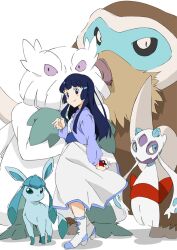  abomasnow aoki_reika blue_eyes blue_hair crossover dress female froslass glaceon hair_ornament long_hair lossy-lossless piloswine poke_ball poke_ball_(basic) pokemon pokemon_(creature) pokemon_dppt power_connection precure smile smile_precure umanosuke 