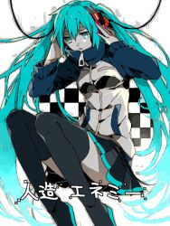  commentary_request cosplay ene_(kagerou_project) female hatsune_miku hatsune_miku_(cosplay) headphones jinzou_enemy_(vocaloid) kagerou_project long_hair skirt solo sweater thighhighs twintails very_long_hair vocaloid wonoco0916 zettai_ryouiki 