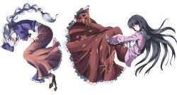  2girls awa_yume black_hair braid closed_eyes commentary_request cross dress fetal_position frills grey_hair hat houraisan_kaguya long_hair long_skirt multiple_girls nurse_cap patterned sash simple_background single_braid skirt touhou white_background wide_sleeves yagokoro_eirin 