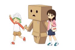  2girls arm_up ayase_ena bad_id bad_pixiv_id bag box_body brown_hair closed_eyes danboo duralumin green_hair koiwai_yotsuba lolicon mika-shi multiple_girls open_mouth paper_hat paper_kabuto photoshop_(medium) shoes short_hair shorts simple_background skirt smile socks stuffed_animal stuffed_toy teddy_bear white_background yotsubato! 