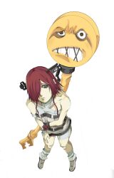  a.b.a angry bandages blood blue_eyes chains female fingerless_gloves gloves guilty_gear hair_over_one_eye key key_in_head looking_at_viewer object_through_head pale_skin paracelsus_(guilty_gear) pos_(shiratama-ya) pout red_hair short_hair shorts solo 