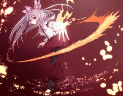  bow commentary_request female fire fujiwara_no_mokou hairbow highres katayama_kei long_hair outstretched_hand pants red_eyes ribbon solo suspenders touhou white_hair 