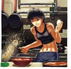  abs bare_arms bare_shoulders black_hair blue_eyes bottle bowl clock closed_mouth commentary cooking cowboy_shot doi_tabasuko dual_wielding duplicate egg faucet female food frying_pan holding holding_food hot idolmaster idolmaster_(classic) indoors kikuchi_makoto kitchen md5_mismatch midriff navel noodle_strainer noodles note one_eye_closed outstretched_hand pants ramen short_hair shorts sink solo soup sports_bra spray_bottle stopwatch strainer sweat toned track_pants vegetable water_pipe wince 