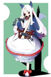  albino black_sclera bubble_skirt colored_sclera commentary_request dress female full_body green_background horns long_hair pale_skin phantom_kingdom pointy_ears pram_(phantom_kingdom) red_eyes saikoro0306 shoes skirt smile solo white_hair 