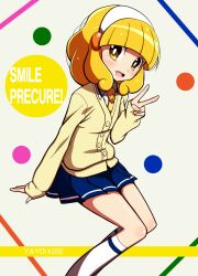  blonde_hair blush character_name commentary_request copyright_name female hairband magical_girl nanairogaoka_middle_school_uniform precure school_uniform shirono short_hair skirt smile smile_precure solo sweater v white_hairband yayoi_kise yellow_eyes 