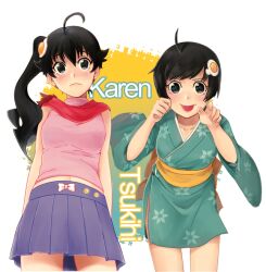  2girls araragi_karen araragi_tsukihi bad_id bad_pixiv_id black_eyes black_hair egg_(food) egg_hair_ornament food food-themed_hair_ornament fried_egg hair_ornament japanese_clothes kimono long_hair monogatari_(series) multiple_girls nara nisemonogatari photoshop_(medium) scarf short_hair short_kimono siblings side_ponytail sisters skirt tongue wavy_mouth 