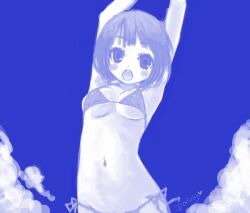  :o armpits arms_up bad_id bad_pixiv_id bikini blue_theme blush breasts cloud day female looking_at_viewer medium_breasts miyamae_porin navel open_mouth original short_hair side-tie_bikini_bottom sideboob signature sky solo swimsuit underboob 