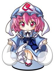  bad_id bad_pixiv_id chibi female hat hitodama japanese_clothes obi pink_hair red_eyes saigyouji_yuyuko sash shinjitsu short_hair simple_background smile solo touhou triangular_headpiece 