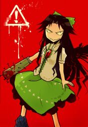  ! baseball_bat black_hair blood caution commentary_request dress female hair_ribbon long_hair nail nail_bat pixelated reiuji_utsuho ribbon simple_background smile solo terada_tera third_eye torn_clothes touhou triangle wings 