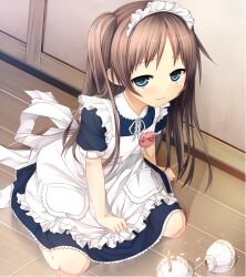  apron blue_eyes broken brown_hair character_name cura female full_body highres kneeling long_hair maid maid_headdress monobeno name_tag sawai_natsuha solo tears two_side_up wooden_floor 