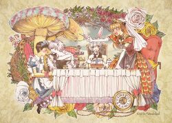  3boys 3girls alice_(alice_in_wonderland) alice_(alice_in_wonderland)_(cosplay) alice_in_wonderland animal_ears ayanami_rei bad_id bad_pixiv_id black_gloves blue_eyes blush bondage bondage bound brown_hair cake cake_slice candy_drug chair cheshire_cat_(alice_in_wonderland) cheshire_cat_(alice_in_wonderland)_(cosplay) chocolate_banana copyright_name cosplay crossdressing cup dress elbow_gloves fingerless_gloves flower food glasses gloves grey_hair hairband heart holding ikari_shinji mad_hatter_(alice_in_wonderland) mad_hatter_(alice_in_wonderland)_(cosplay) makinami_mari_illustrious march_hare_(alice_in_wonderland) march_hare_(alice_in_wonderland)_(cosplay) multiple_boys multiple_girls mushroom nagisa_kaworu neon_genesis_evangelion open_mouth orange_hair pie rabbit_ears rebuild_of_evangelion red_eyes sitting souryuu_asuka_langley suzuhara_touji sweatdrop table teacup white_gloves 