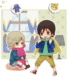  2boys aged_down barnaby_brooks_jr. blonde_hair brown_eyes brown_hair cape commentary_request glasses green_eyes hood hoodie im5364 kaburagi_t._kotetsu lolicon multiple_boys robot shorts stuffed_animal stuffed_rabbit stuffed_toy tiger tiger_&amp;_bunny time_paradox toy_robot 