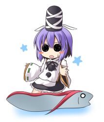  blush_stickers chibi commentary_request cosplay female hat ichimi japanese_clothes kariginu mononobe_no_futo mononobe_no_futo_(cosplay) nagae_iku photoshop_(medium) purple_hair skirt solid_circle_eyes solo star_(symbol) sweatdrop tate_eboshi touhou white_background 