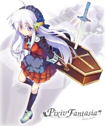  black_socks blue_eyes coffin commentary_request female hair_ornament highres long_hair misumi_(nanaroku) nanaroku_(fortress76) pixiv_fantasia pixiv_fantasia_sword_regalia plaid plaid_skirt skirt socks solo sword weapon white_hair 