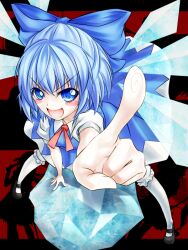  blue_eyes blue_hair blush_stickers bow cirno cofi_(eternal) commentary_request female hairbow hands leaning_forward oerba_yun_fang open_mouth partial_commentary pointing short_hair smile solo thighhighs touhou white_thighhighs wings 