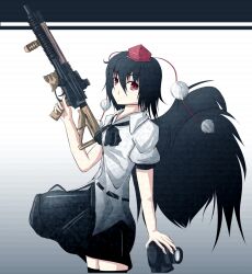  ar-57 bad_id bad_pixiv_id black_hair camera female gun hat holding holding_gun holding_weapon kigisi looking_at_viewer machine_gun red_eyes shameimaru_aya short_hair short_sleeves skirt solo thighhighs tokin_hat touhou trigger_discipline weapon wings zettai_ryouiki 