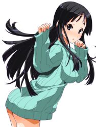  akiyama_mio black_eyes black_hair blush bottomless commentary_request female green_shirt k-on! long_hair looking_back naked_sweater ribbed_sweater shinama shirt simple_background solo sweater white_background 