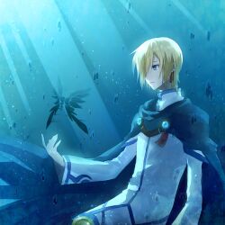  1boy 720yen bishounen blonde_hair blue_eyes blue_theme cape coat commentary_request earrings jewelry male_focus smile solo tales_of_(series) tales_of_legendia underwater walter_delques 