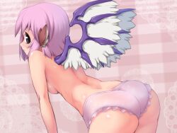  animal_ears arched_back ass back bent_over black_eyes blush breasts commentary_request female frilled_panties frills looking_back mystia_lorelei no_headwear panties pink_background pink_hair pink_panties purple_eyes short_hair sideboob small_breasts solo topless touhou underwear underwear_only wings you_naka 