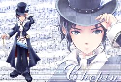  1boy adjusting_clothes adjusting_headwear black_hair character_name commentary_request expressionless feathers formal frederic_chopin_(trusty_bell) grey_eyes hat male_focus pants pocket_watch rie_(minori) shoes solo staff suit top_hat trusty_bell watch zoom_layer 