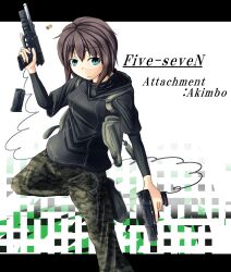  blue_eyes brown_hair call_of_duty call_of_duty:_modern_warfare_3 camouflage commentary_request dual_wielding female fn_five-seven gun handgun highres holding holster kigisi magazine_(weapon) pants shell_casing short_hair solo trigger_discipline weapon 