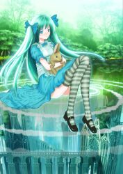  alice_(alice_in_wonderland) alice_(alice_in_wonderland)_(cosplay) alice_in_wonderland aqua_eyes aqua_hair bad_id bad_pixiv_id bow cosplay dress female hairbow hatsune_miku highres long_hair rabbit smile solo striped_clothes striped_thighhighs thighhighs twintails very_long_hair vocaloid water yonasawa zettai_ryouiki 