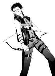  1boy ahoge alternate_universe anz_(starry) arrow_(projectile) bad_id bad_pixiv_id bow_(weapon) cosplay diarmuid_ua_duibhne_(lancer)_(fate) fate/zero fate_(series) greyscale hawkeye_(marvel) hawkeye_(marvel)_(cosplay) highres male_focus marvel monochrome photoshop_(medium) quiver solo spot_color weapon yellow_eyes 