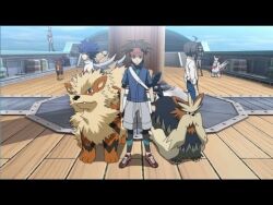  5boys anime_screenshot arcanine black_hair cheren_(pokemon) hugh_(pokemon) letterboxed liepard lowres multiple_boys outdoors pokemon pokemon_(anime) pokemon_(creature) pokemon_bw2 samurott spoilers stoutland zangoose 