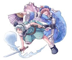  2girls breasts citolo commentary_request dual_wielding folding_fan grey_hair hair_ribbon hairband hand_fan hat hitodama holding japanese_clothes katana konpaku_youmu konpaku_youmu_(ghost) medium_breasts multiple_girls obi pink_eyes pink_hair ribbon saigyouji_yuyuko sash scabbard sheath short_hair skirt sword touhou triangular_headpiece vest weapon 