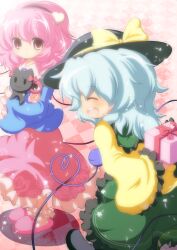  2girls box closed_eyes commentary_request floral_print gift gift_box grey_hair hat hat_ribbon heart heart_of_string kaenbyou_rin kaenbyou_rin_(cat) komeiji_koishi komeiji_satori multiple_girls nullpooo open_mouth pink_eyes pink_hair ribbon shirt siblings sisters skirt slippers smile third_eye touhou 