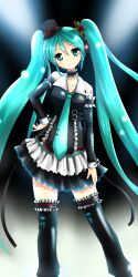  aqua_eyes aqua_hair bad_id bad_pixiv_id bare_shoulders choker detached_sleeves female hand_on_own_hip hat hatsune_miku headset highres long_hair mini_hat mini_top_hat necktie skirt smile solo thighhighs top_hat twintails very_long_hair vocaloid zetsuei_(zetto) zettai_ryouiki 