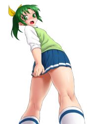  bad_id bad_pixiv_id commentary_request covering_ass covering_privates female from_below green_eyes green_hair green_sweater_vest kneepits legs looking_back midorikawa_nao nanairogaoka_middle_school_uniform onsoku_inu open_mouth paint.net_(medium) ponytail precure school_uniform simple_background skirt skirt_tug sleeves_rolled_up smile_precure solo sweater_vest thighs 