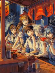  2boys 3girls :3 a10 anger_vein ayanami_rei bowl chopsticks commentary eating food glasses ikari_shinji makinami_mari_illustrious meandros multiple_boys multiple_girls nagisa_kaworu neon_genesis_evangelion noodles ramen rebuild_of_evangelion school_uniform souryuu_asuka_langley symbol-only_commentary tegaki 