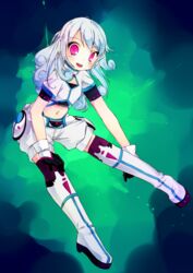  absurdres alpha_(acerailgun) android blue_hair boots borrowed_character commentary commission english_commentary female flat_chest full_body fuyuki_yuki gloves highres long_hair navel open_mouth original pink_eyes solo thigh_boots thighhighs 