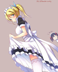  2girls apron ayase_eli blonde_hair blush breast_envy breasts clothes_lift commentary_request dated dutch_angle from_side frown garter_straps highres large_breasts looking_at_viewer love_live! love_live!_school_idol_project maid maid_headdress multiple_girls petticoat photoshop_(medium) short_hair skirt skirt_lift slip_showing smile song_name thighhighs white_legwear wonder_zone yazawa_nico yu-ta 