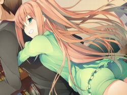  1boy akinashi_yuu ass breasts female game_cg green_eyes grin hug hug_from_behind koi_to_senkyo_to_chocolate long_hair medium_breasts oojima_yuuki orange_hair pajamas pantylines smile sumiyoshi_chisato twintails very_long_hair 