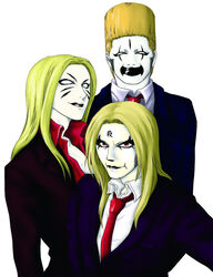  3boys alexander_jagi blonde_hair business_suit camus_(detroit_metal_city) detroit_metal_city johannes_krauser_ii long_hair makeup male male_focus male_only multiple_boys necktie open_clothes open_shirt shirt simple_background umeco 