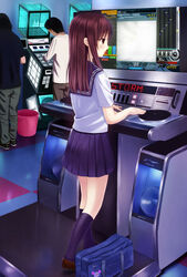  2boys arcade bag beatmania_iidx bemani brown_eyes brown_hair commentary_request female highres jubeat megimegyo multiple_boys pastel-kun playing_games sailor_collar school_bag school_uniform serafuku skirt 