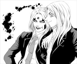  2boys alexander_jagi blood business_suit detroit_metal_city johannes_krauser_ii long_hair makeup male male_focus male_only monochrome multiple_boys necktie umeco 