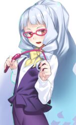  :d aikatsu! aikatsu!_(series) bow bowtie commentary_request drill_hair female glasses grey_hair h_kasei long_hair looking_at_viewer open_mouth pink-framed_eyewear red_eyes riding_crop shirogane_lily smile solo yellow_bow yellow_bowtie 