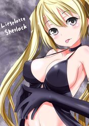  :p babydoll black_gloves blonde_hair blush breasts character_name cleavage commentary_request covered_nipples elbow_gloves female gloves highres ju_(old505) large_breasts lieselotte_sherlock long_hair looking_at_viewer purple_eyes solo tongue tongue_out trinity_seven twintails 