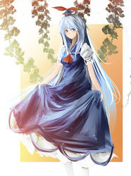  blue_eyes blue_hair breasts commentary_request dress faux_traditional_media female grey_hair hat highres kamishirasawa_keine long_hair medium_breasts metalwasabi photoshop_(medium) red_eyes skirt_hold solo tokin_hat touhou very_long_hair 