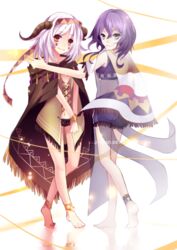  2girls anklet bangle barefoot borrowed_character bracelet cecilia_(acerailgun) cloak commentary commission english_commentary facial_mark full_body ghost green_eyes hairband highres horns isabelle_(acerailgun) jewelry looking_at_viewer multiple_girls navel original purple_hair see-through smile squchan transparent watermark web_address white_hair witch yellow_eyes 