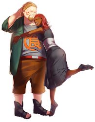  1boy akimichi_chouji amase_(siki696) beard boots brown_hair closed_eyes commentary_request couple dark_skin facial_hair facial_mark female goatee grin height_difference highres hug husband_and_wife interracial karui_(naruto) long_hair naruto naruto_(series) red_hair smile straight toeless_footwear toes very_dark_skin 